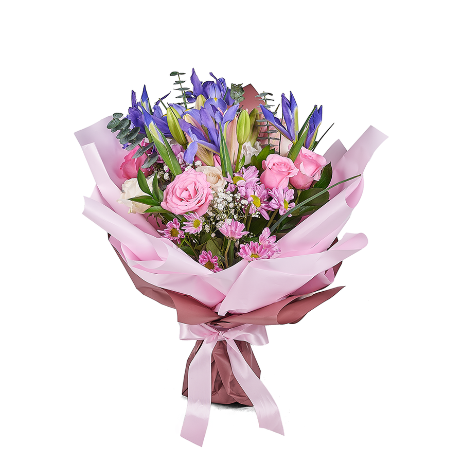 Lavender Whispers Iris Bouquet, Mixed Floral Bouquet, Multi-Colored Floral Arrangement, Floral Gifts, Mixed Flower Gifts, Roses, Purple Irises, Lilies, Peruvian Lilies, Purple Flower Bouquet, NY Same Day Delivery