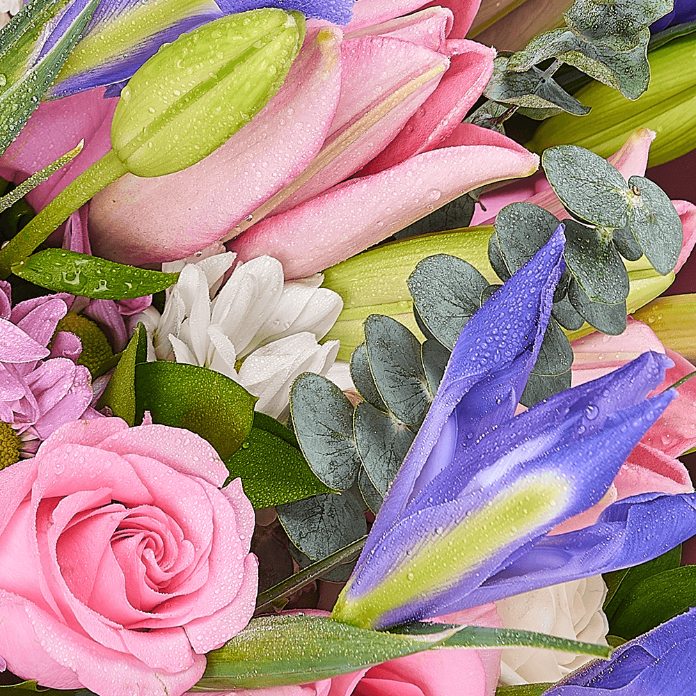 Lavender Whispers Iris Bouquet, Mixed Floral Bouquet, Multi-Colored Floral Arrangement, Floral Gifts, Mixed Flower Gifts, Roses, Purple Irises, Lilies, Peruvian Lilies, Purple Flower Bouquet, NY Same Day Delivery