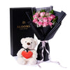 Valentine's Day 12 Stem Pink Rose Bouquet With Box & Bear, Valentine's Day gifts, New York Same Day Flower Delivery, plush gifts