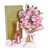 Mother’s Day Dozen Pink Rose Bouquet with Box, Champagne, & Chocolate from New York Blooms - Floral & Champagne Gift Box Set - New York Delivery.