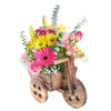 Mother’s Day Floral Wooden Cart, Rustic Gifts, Mixed Floral Arrangement, Multi-Colored Floral Arrangement, Gerbera, Roses, Lilies, Daisies, Floral Gifts, NY Same Day Delivery