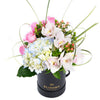 Timeless Orchid & Hydrangea Floral Gift, Mixed Floral Arrangement Hat Box, Hydrangea, Orchids, Mixed Floral Bouquets, Pastel Bouquets, Floral Gifts, NY Same Day Delivery