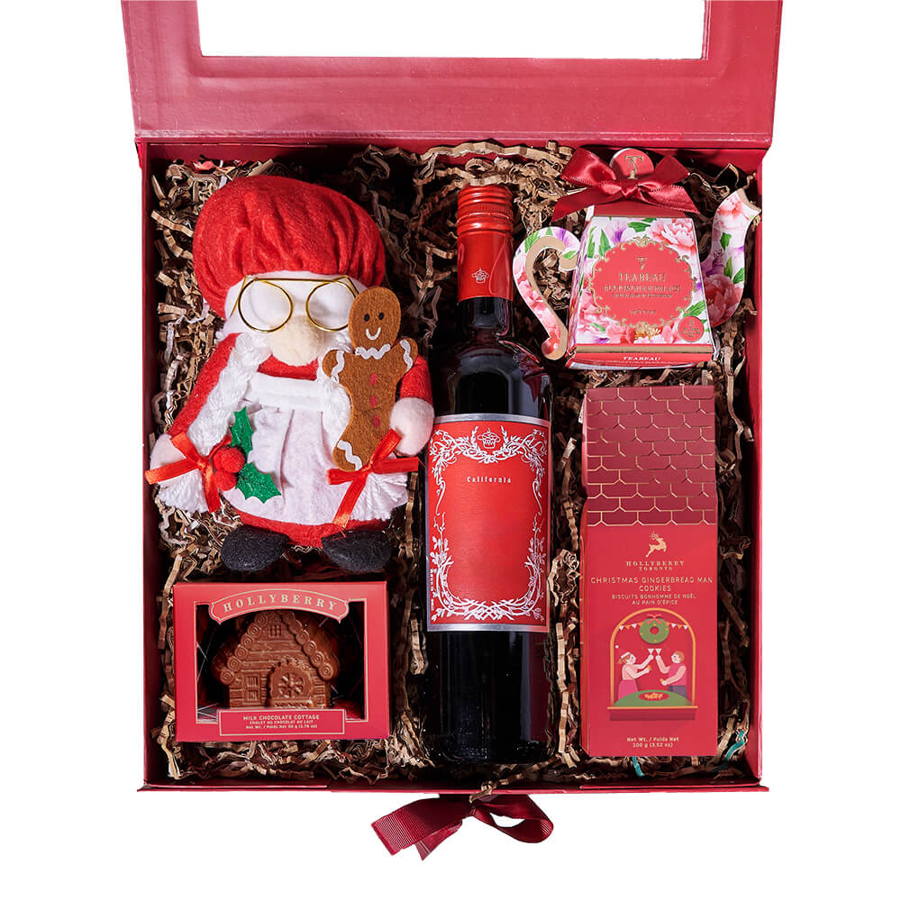 Christmas Wine & Mrs. Claus Gift Box, christmas gift, christmas, holiday gift, holiday, wine gift, wine, gourmet gift, gourmet. New York Blooms - New York Delivery Blooms