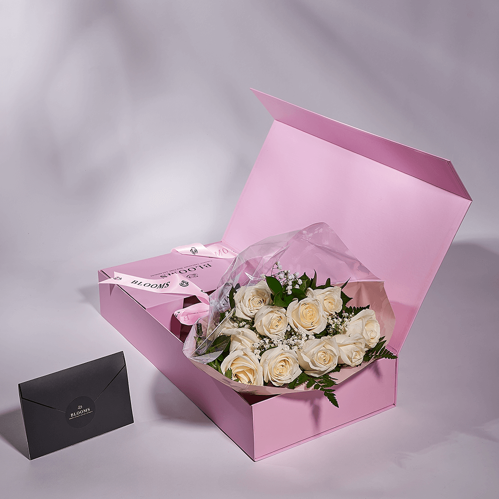 Enduring White Rose Bouquet & Box, floral gifts, rose gifts, gifts, roses, New York delivery