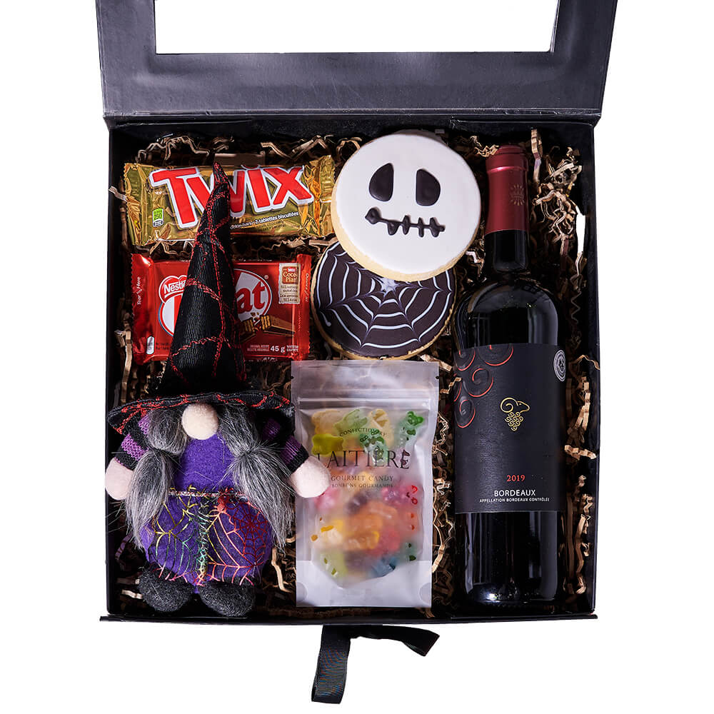 Halloween Chocolate & Wine Box, wine gift, wine, gourmet gift, gourmet, candy gift, candy.New York Blooms - New York Delivery Blooms