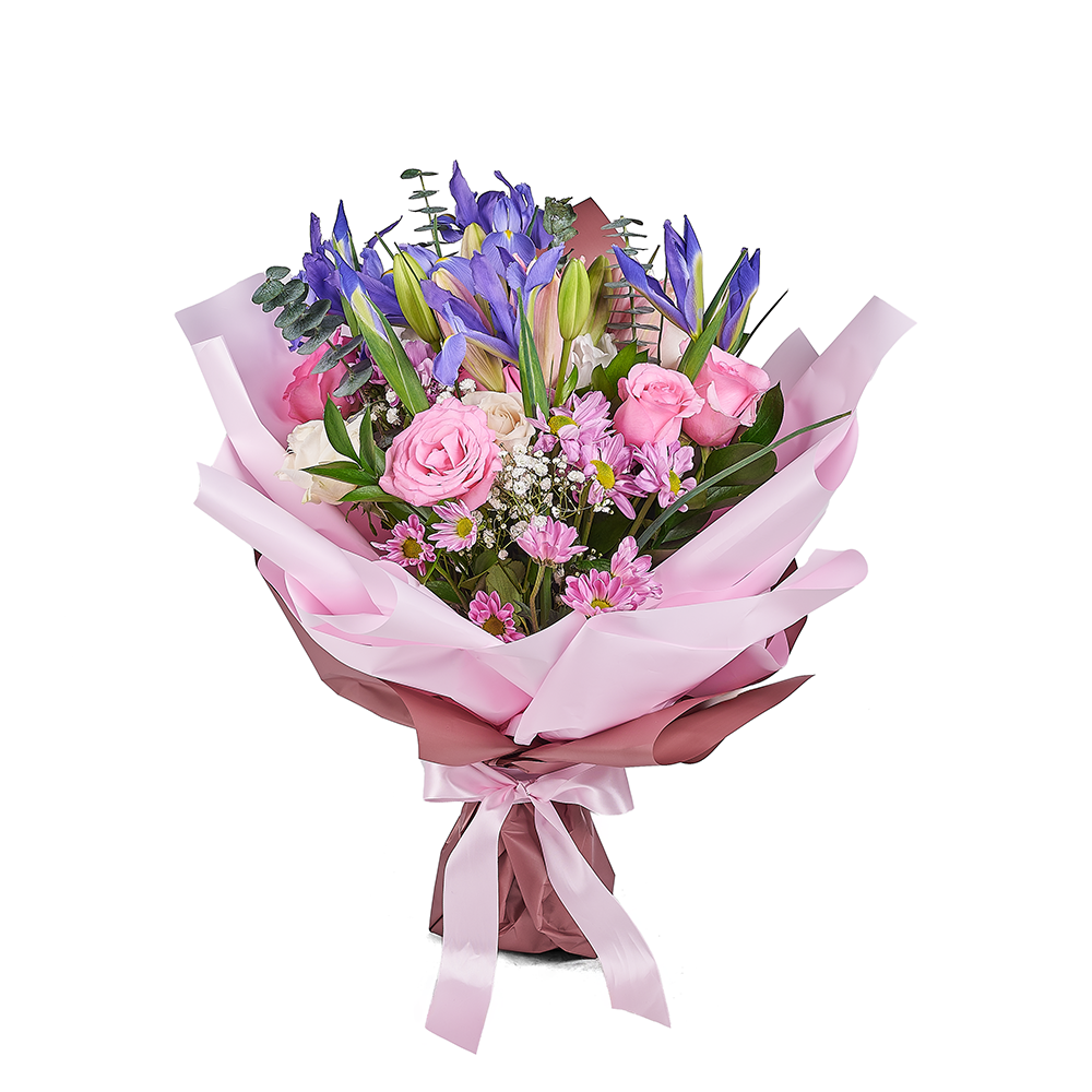 Lavender Whispers Iris Bouquet, Mixed Floral Bouquet, Multi-Colored Floral Arrangement, Floral Gifts, Mixed Flower Gifts, Roses, Purple Irises, Lilies, Peruvian Lilies, Purple Flower Bouquet, NY Same Day Delivery