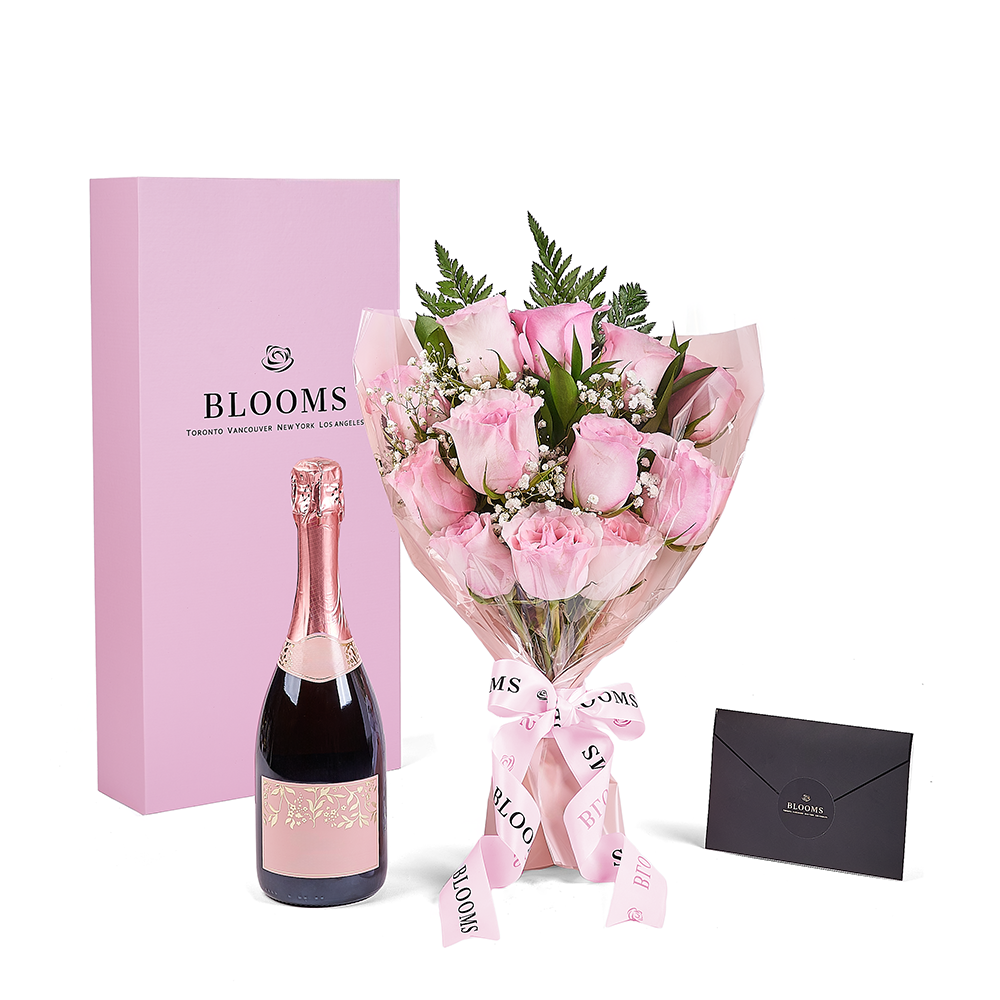 Mother’s Day 12 Stem Pink Rose Bouquet with Box &amp; Champagne, champagne gift, champagne, sparkling wine gift, sparkling wine, mothers day gift, mothers day, New York delivery