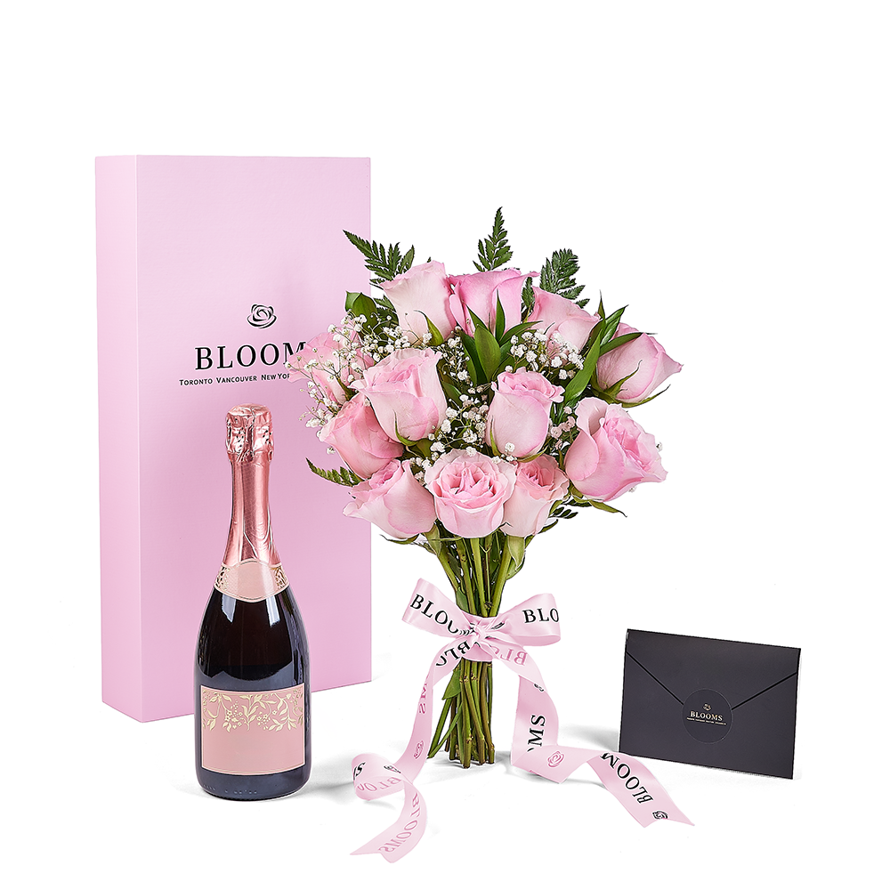 Mother’s Day 12 Stem Pink Rose Bouquet with Box & Champagne, champagne gift, champagne, sparkling wine gift, sparkling wine, mothers day gift, mothers day, New York delivery