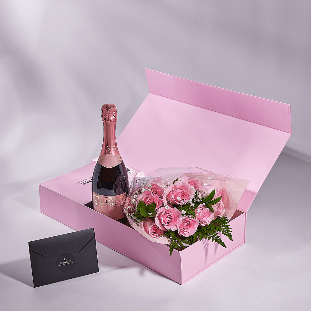Mother’s Day 12 Stem Pink Rose Bouquet with Box & Champagne, champagne gift, champagne, sparkling wine gift, sparkling wine, mothers day gift, mothers day, New York delivery