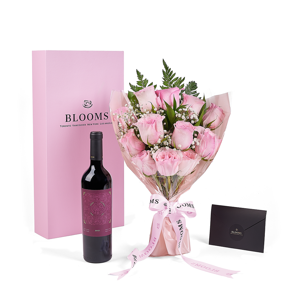 Mother’s Day 12 Stem Pink Rose Bouquet with Box &amp; Wine, rose gift, rose, mothers day gift, mothers day, wine gift, wine, New York delivery