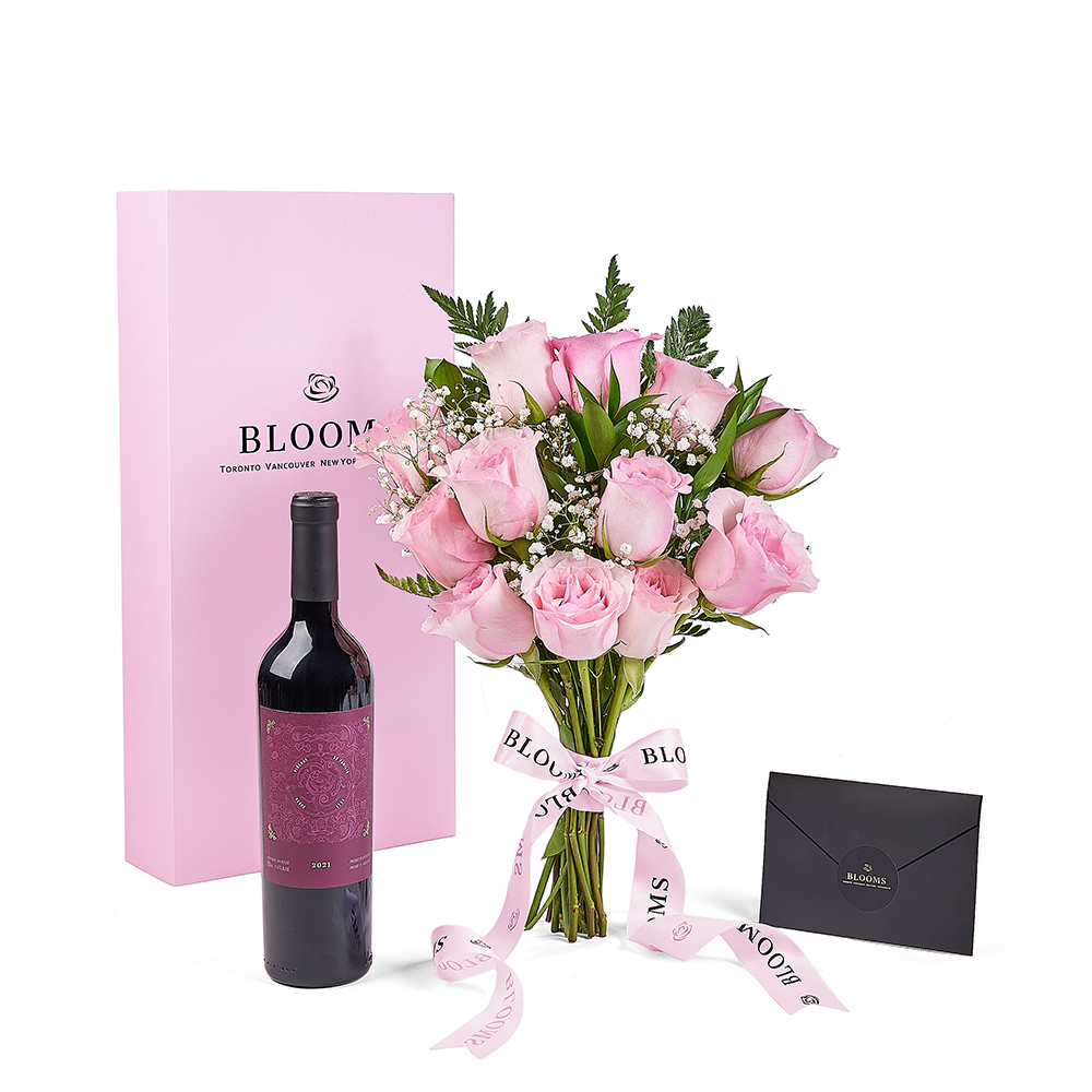 Mother’s Day 12 Stem Pink Rose Bouquet with Box & Wine, rose gift, rose, mothers day gift, mothers day, wine gift, wine, New York delivery