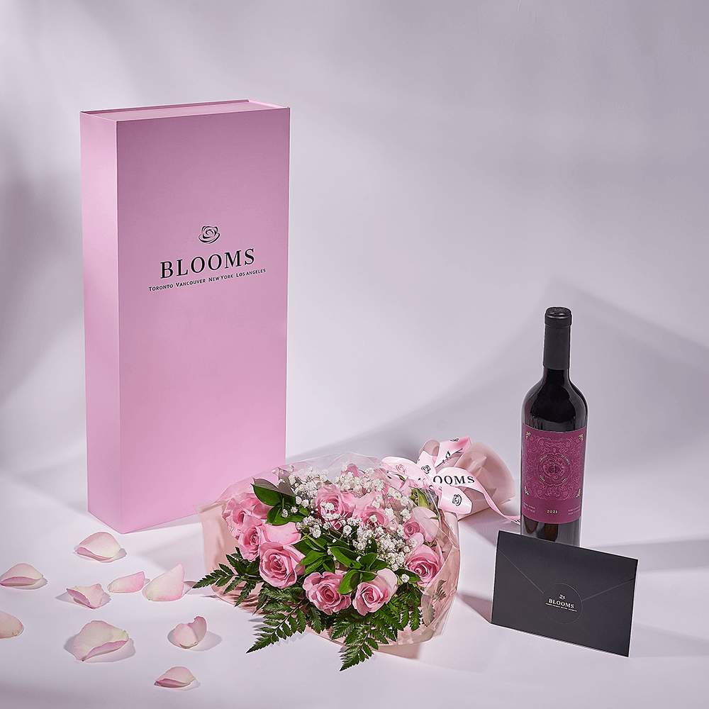 Mother’s Day 12 Stem Pink Rose Bouquet with Box & Wine, rose gift, rose, mothers day gift, mothers day, wine gift, wine, New York delivery