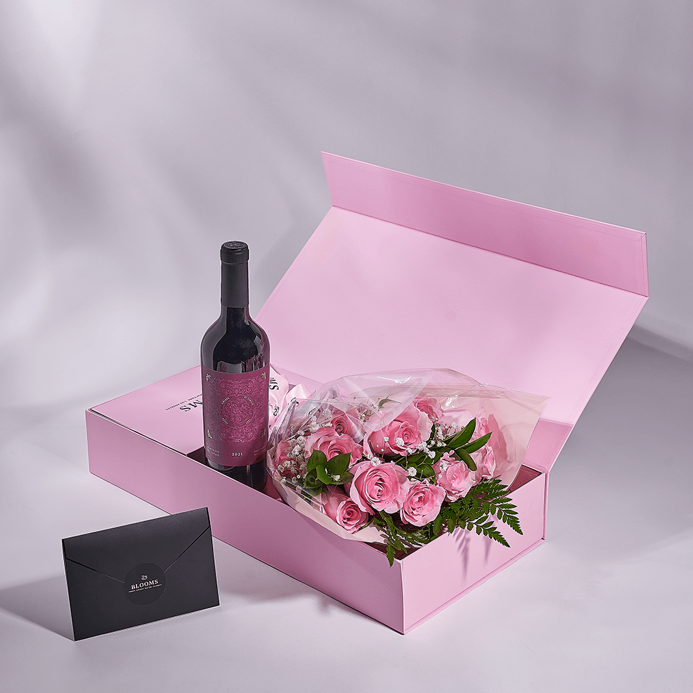 Mother’s Day 12 Stem Pink Rose Bouquet with Box & Wine, rose gift, rose, mothers day gift, mothers day, wine gift, wine, New York delivery