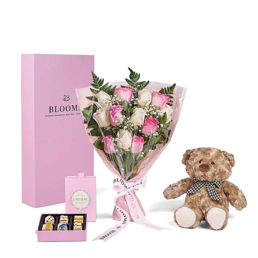Mother’s Day 12 Stem Pink & White Rose Bouquet with Box, Bear, & Chocolate, mothers day gift, mothers day, plush gift, plush, rose gift, rose, New York delivery
