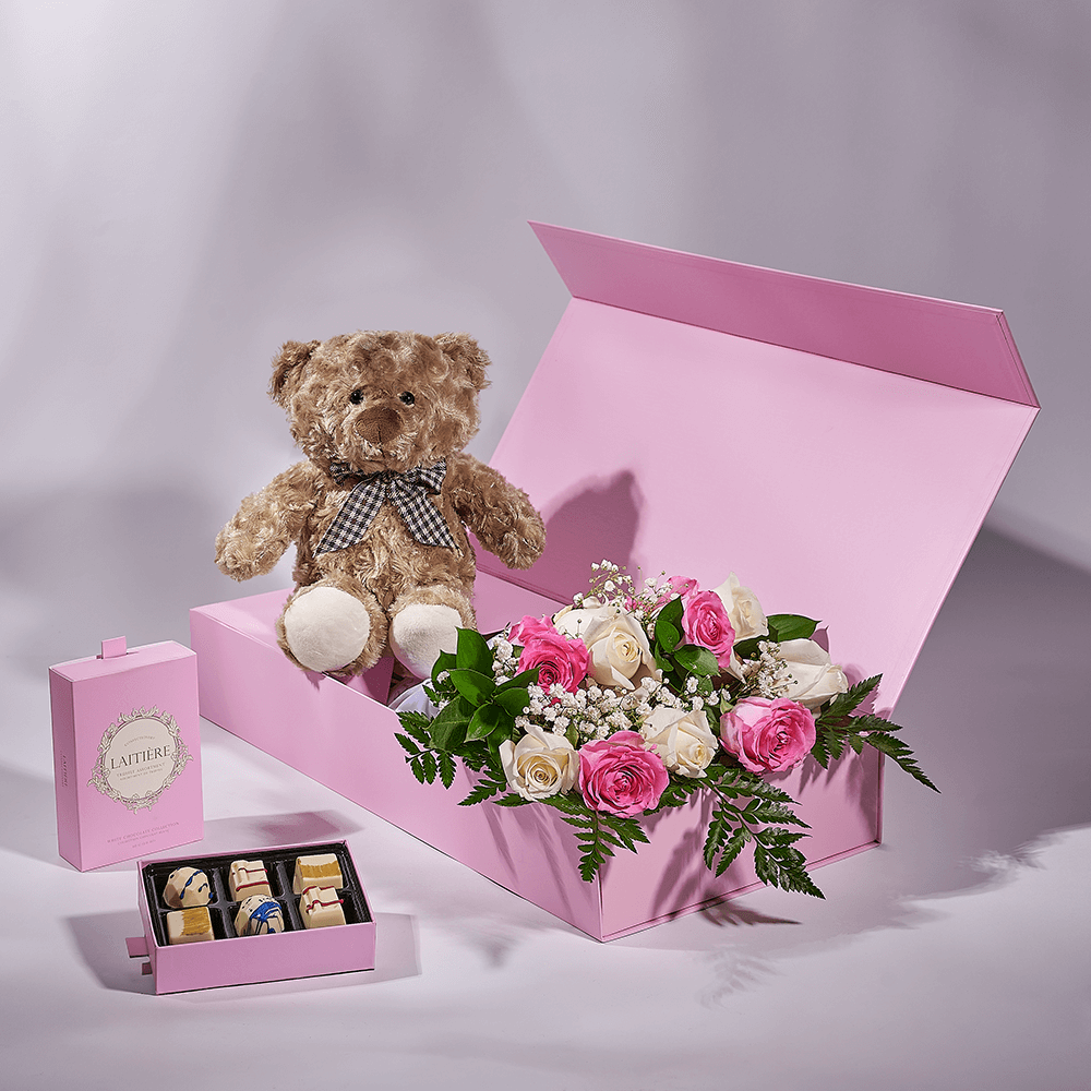 Mother’s Day 12 Stem Pink & White Rose Bouquet with Box, Bear, & Chocolate, mothers day gift, mothers day, plush gift, plush, rose gift, rose, New York delivery