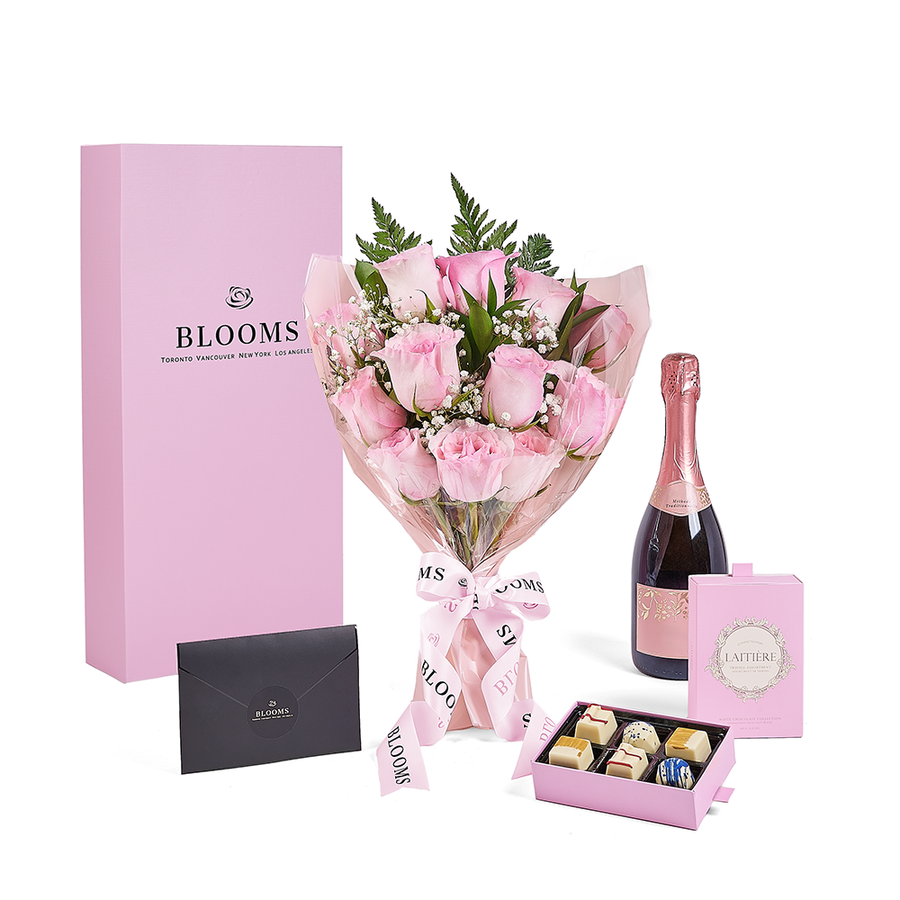 Mother’s Day Dozen Pink Rose Bouquet with Box, Champagne, & Chocolate, champagne gift, champagne, sparkling wine gift, sparkling wine, mothers day gift, mothers day, New York delivery