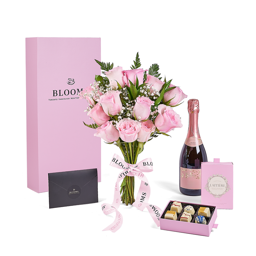 Mother’s Day Dozen Pink Rose Bouquet with Box, Champagne, & Chocolate, champagne gift, champagne, sparkling wine gift, sparkling wine, mothers day gift, mothers day, New York delivery