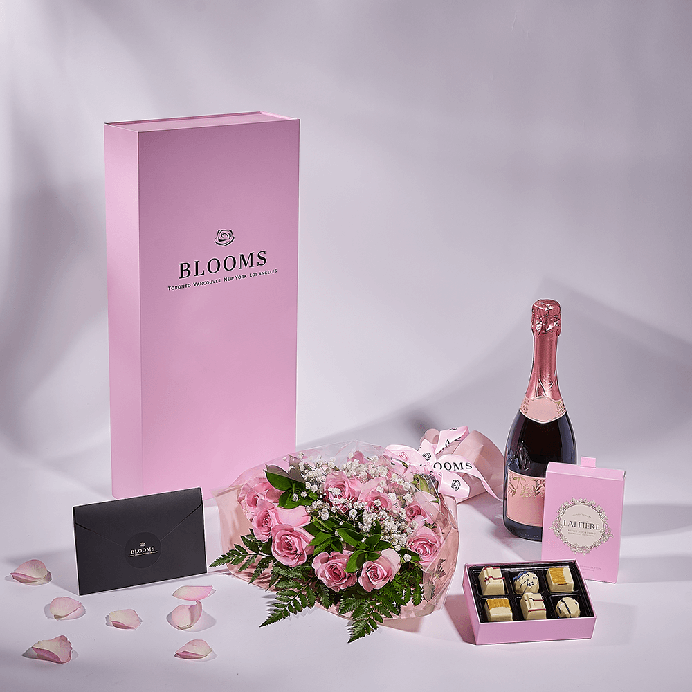 Mother’s Day Dozen Pink Rose Bouquet with Box, Champagne, & Chocolate, champagne gift, champagne, sparkling wine gift, sparkling wine, mothers day gift, mothers day, New York delivery