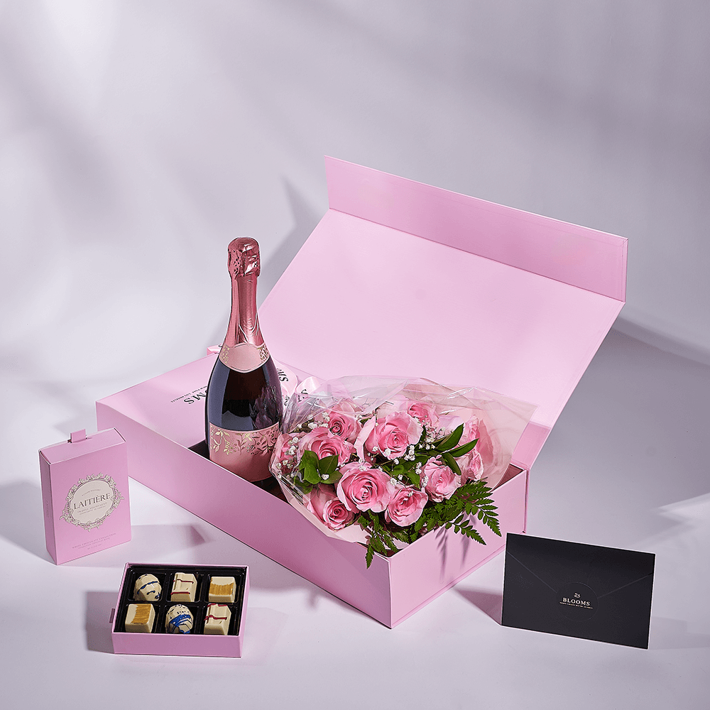 Mother’s Day Dozen Pink Rose Bouquet with Box, Champagne, & Chocolate, champagne gift, champagne, sparkling wine gift, sparkling wine, mothers day gift, mothers day, New York delivery