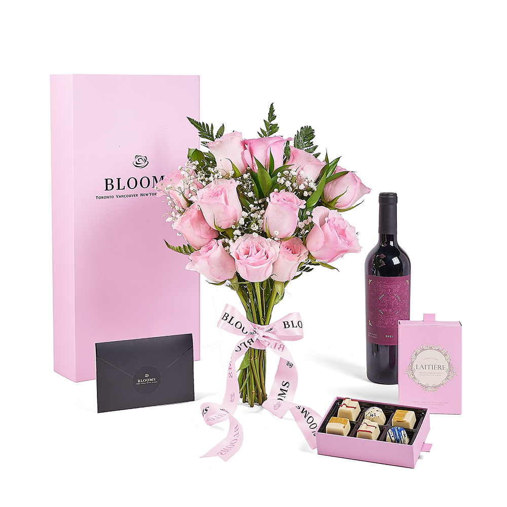 Mother’s Day Dozen Pink Rose Bouquet with Box, Wine, & Chocolate, rose gift, rose, mothers day gift, mothers day, wine gift, wine, New York delivery