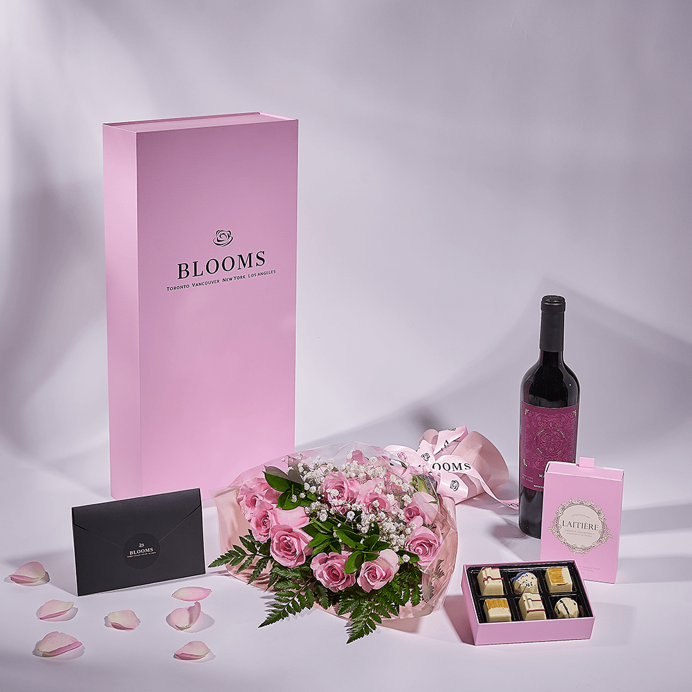 Mother’s Day Dozen Pink Rose Bouquet with Box, Wine, & Chocolate, rose gift, rose, mothers day gift, mothers day, wine gift, wine, New York delivery