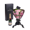 Valentine's Day 12 Stem Pink Rose Bouquet With Box & Champagne from New York Blooms - Flower & Champagne Gift Sets - New York Delivery.