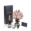 Valentine's Day 12 Stem Pink Rose Bouquet With Box & Champagne from New York Blooms - Flower & Champagne Gift Sets - New York Delivery.