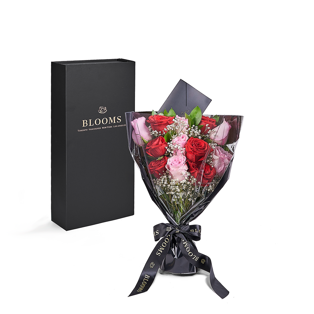 Valentine's Day 12 Stem Pink &amp; Red Rose Bouquet With Designer Box from New York Blooms - Flower Gifts - New York Delivery.