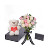 Valentine's Day 12 Stem Pink & White Rose Bouquet With Box & Bear, rose gift, rose, valentines day gift, valentines day, plush gift, plush, bear gift, bear, New York delivery