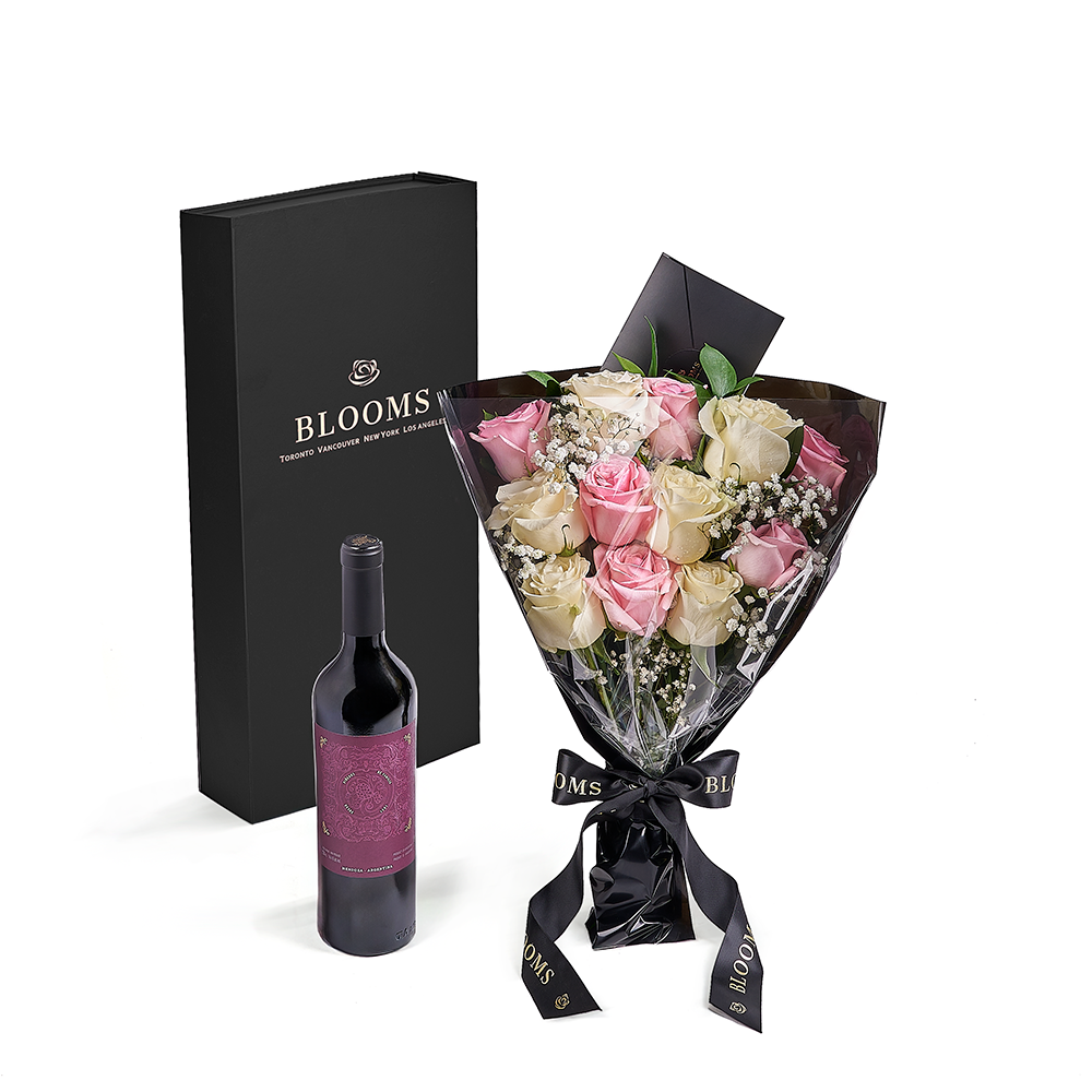 Valentine's Day 12 Stem Pink & White Rose Bouquet with Box & Wine, valentines day gift, valentines day, rose gift, rose, wine gift, wine, New York delivery