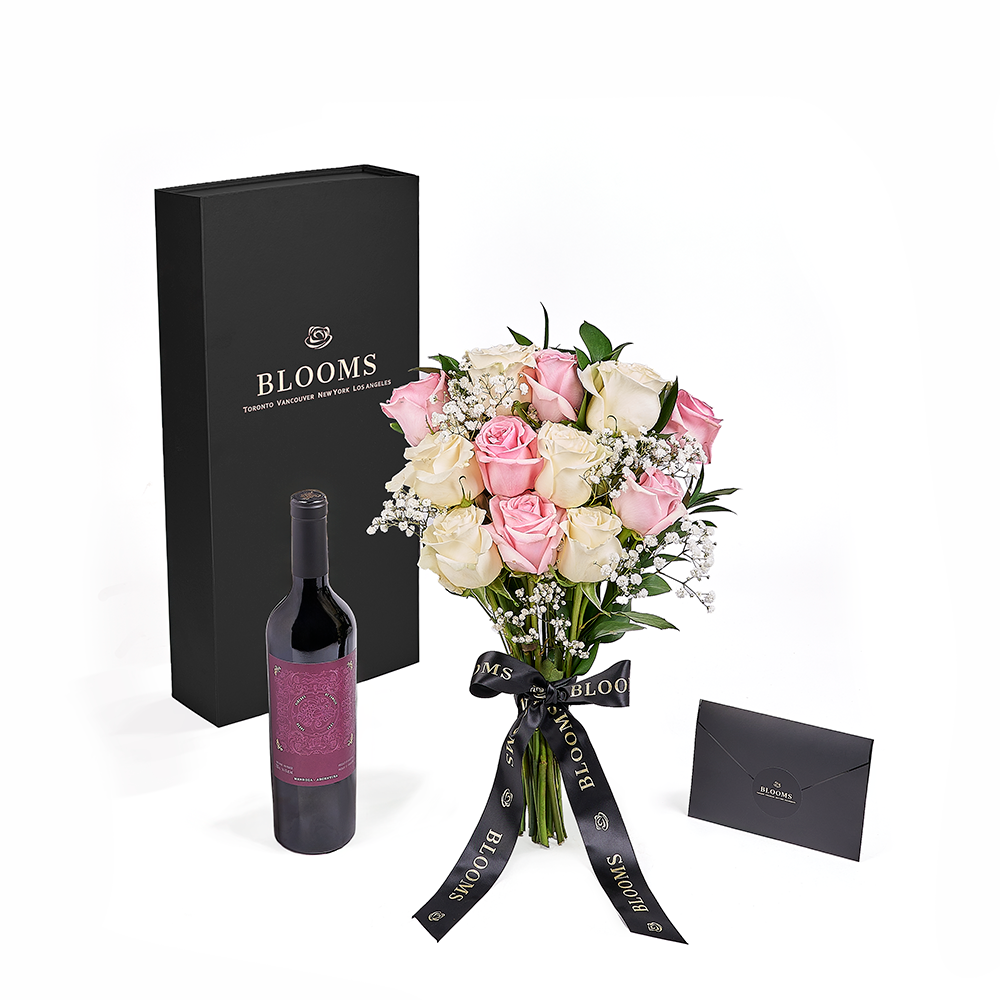 Valentine's Day 12 Stem Pink & White Rose Bouquet with Box & Wine, valentines day gift, valentines day, rose gift, rose, wine gift, wine, New York delivery