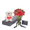 Valentine's Day 12 Stem Red Rose Bouquet With Box & Bear from New York Blooms - Flower Gift Set - New York Delivery.