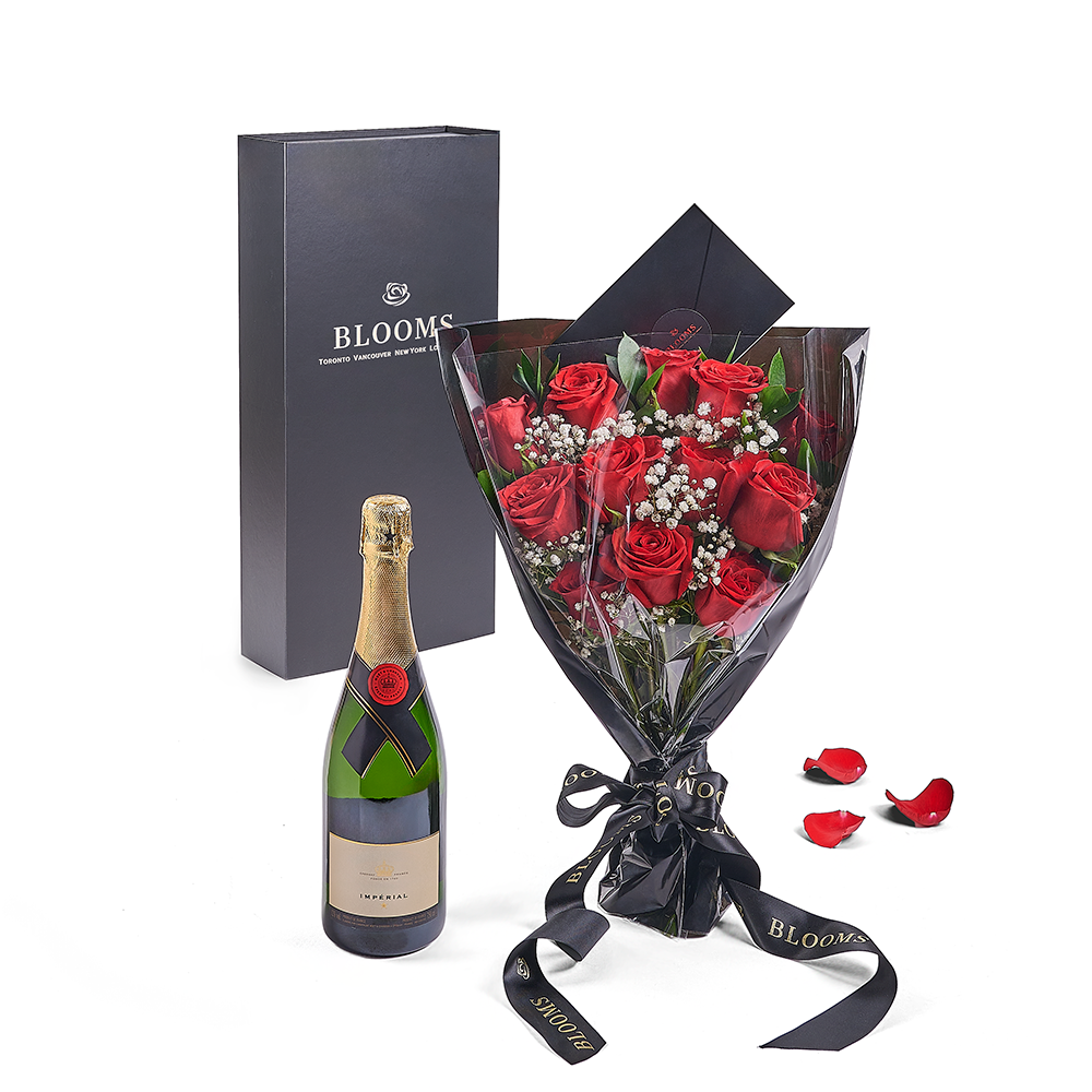 Valentine’s Day 12 Stem Red Rose Bouquet With Box &amp; Champagne from New York Blooms - Flower &amp; Champagne Gift Set - New York Delivery.