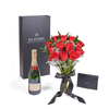 Valentine’s Day 12 Stem Red Rose Bouquet With Box & Champagne from New York Blooms - Flower & Champagne Gift Set - New York Delivery.