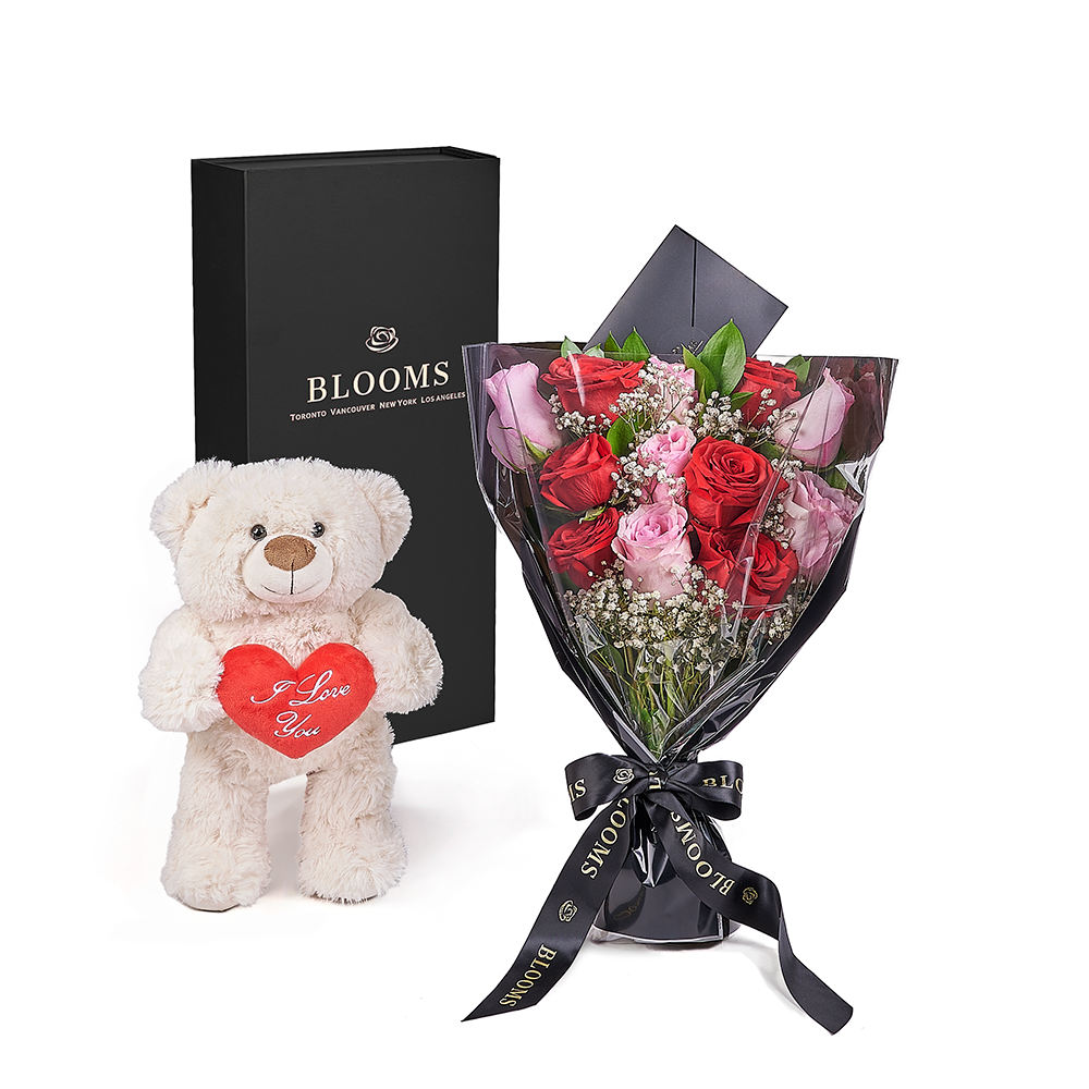 Valentine's Day 12 Stem Red &amp; Pink Rose Bouquet With Box &amp; Bear from New York Blooms - Flower Gift Sets - New York Delivery.
