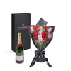 Valentine’s Day 12 Stem Red & Pink Rose Bouquet With Box & Champagne from New York Blooms - Flower & Champagne Gift Set - New York Delivery.