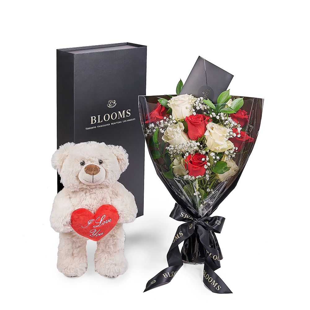 Valentine's Day 12 Stem Red &amp; White Bouquet With Box &amp; Bear from New York Blooms - Flower Gift Sets - New York Delivery.