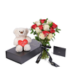 Valentine's Day 12 Stem Red & White Bouquet With Box & Bear from New York Blooms - Flower Gift Sets - New York Delivery.