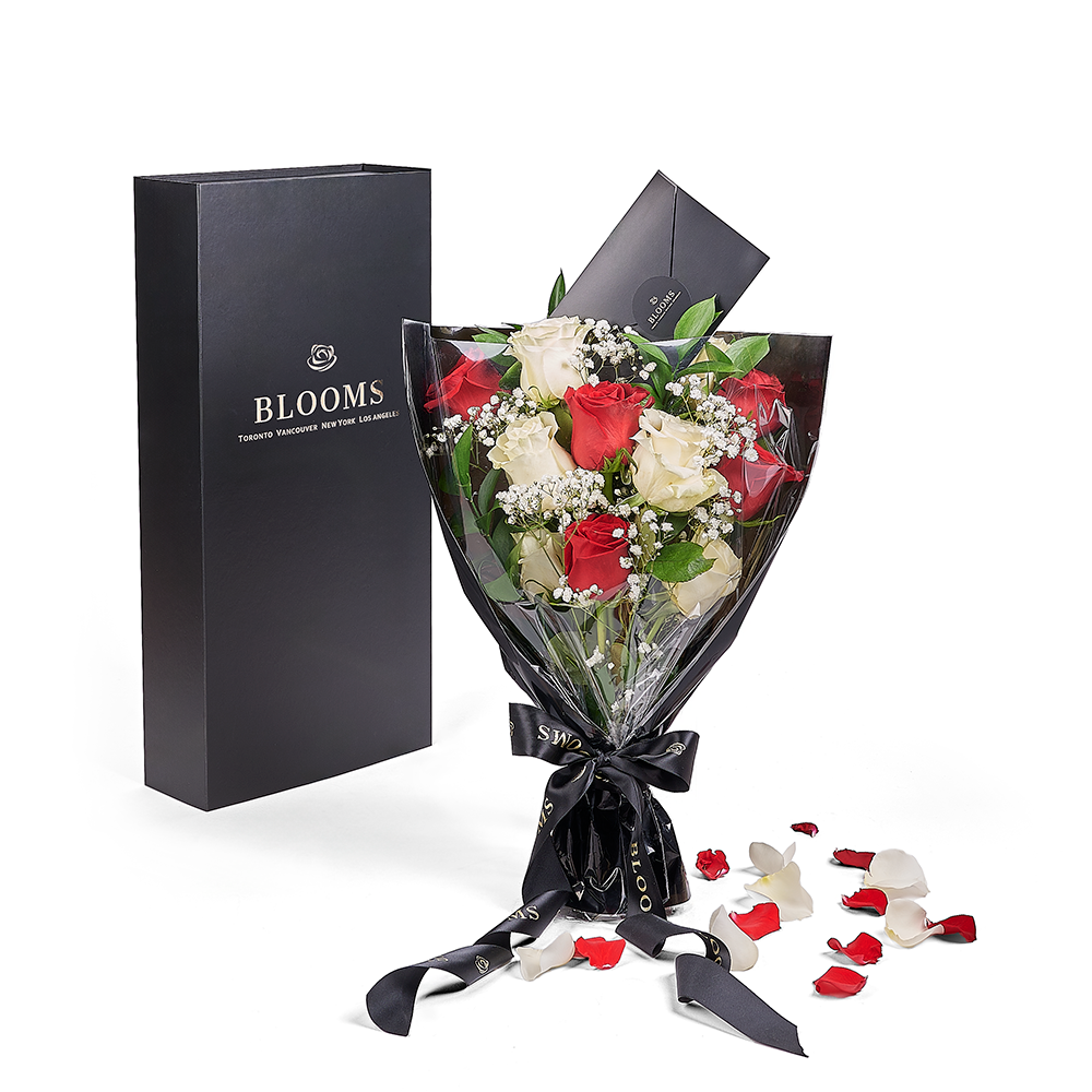 Valentine's Day 12 Stem Red &amp; White Rose Bouquet With Box from New York Blooms - Flower Gifts - New York Delivery.
