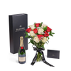 Valentine's Day 12 Stem Red & White Rose Bouquet With Box & Champagne from New York Blooms - Flower & Champagne Gift Set - New York Delivery.