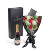 Valentine's Day 12 Stem Red & White Rose Bouquet With Box & Champagne from New York Blooms - Flower & Champagne Gift Set - New York Delivery.