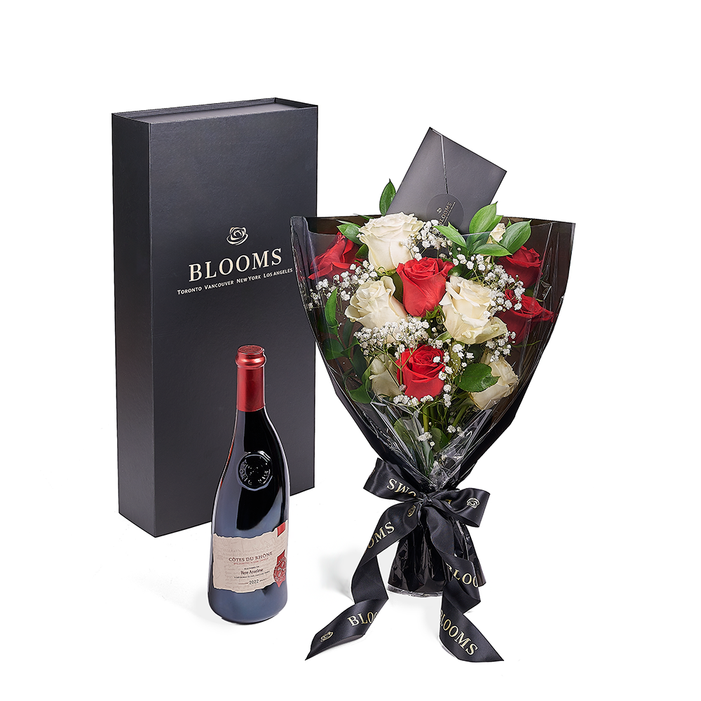 Valentine’s Day 12 Stem Red &amp; White Rose Bouquet With Box &amp; Wine, Valentine's Day gifts, roses, wine gifts, New York Same Day Flower Delivery
