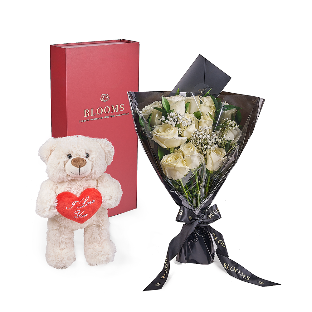 Valentine's Day 12 White Rose Bouquet With Box & Bear - New York Blooms - New York Delivery. Valentine's Day 12 White Rose Bouquet With Box & Bear - New York Blooms - New York Delivery.