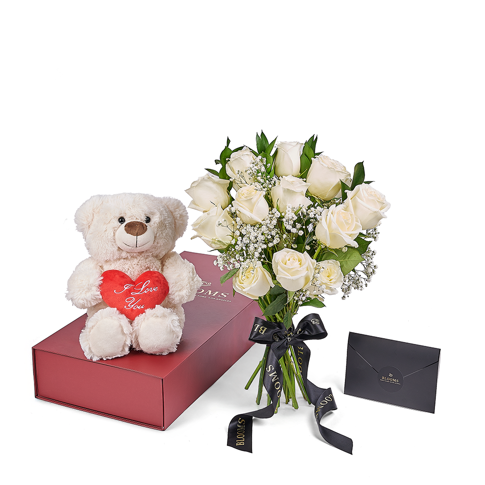 Valentine’s Day 12 Stem White Rose Bouquet With Box & Bear from New York Blooms - Flower Gift Set - New York Delivery.