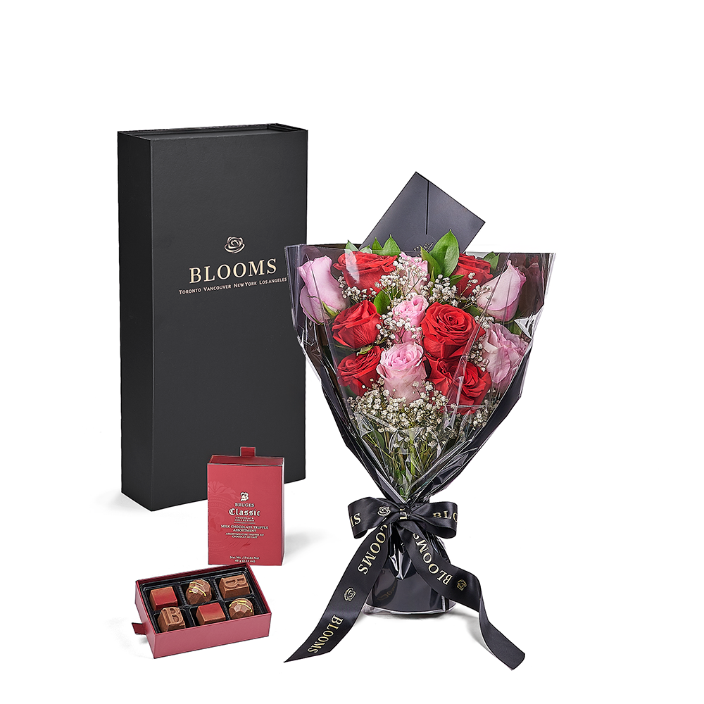 Valentine’s Day Dozen Red &amp; Pink Rose Bouquet With Box &amp; Chocolate from New York Blooms - Flower Gift Set - New York Delivery.