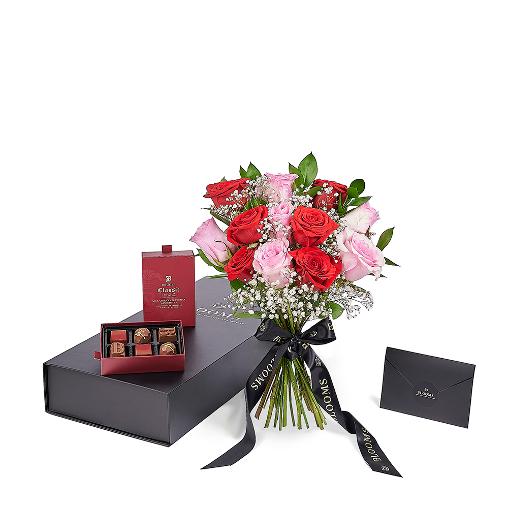 Valentine’s Day Dozen Red & Pink Rose Bouquet With Box & Chocolate from New York Blooms - Flower Gift Set - New York Delivery.