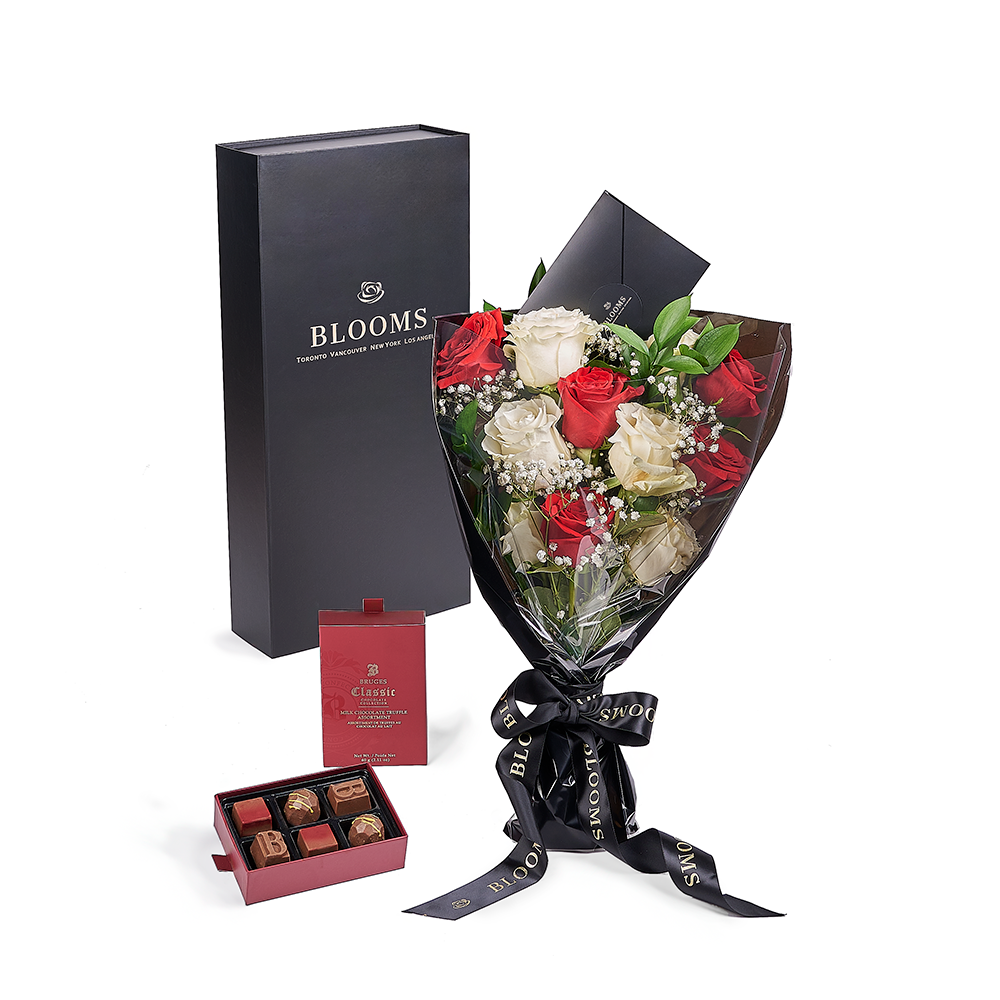 Valentine’s Day Dozen Red &amp; White Rose Bouquet With Box &amp; Chocolate from New York Blooms - Flower Gift Set - New York Delivery.