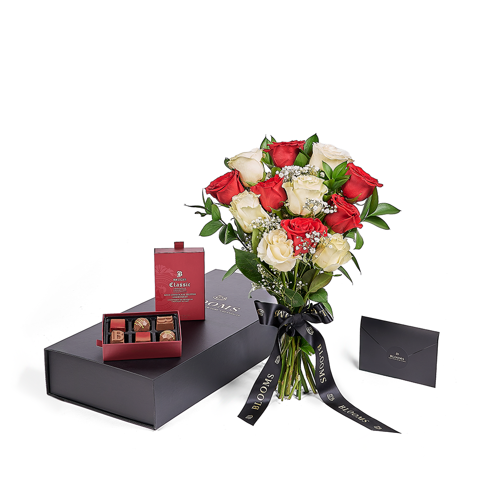 Valentine’s Day Dozen Red & White Rose Bouquet With Box & Chocolate from New York Blooms - Flower Gift Set - New York Delivery.