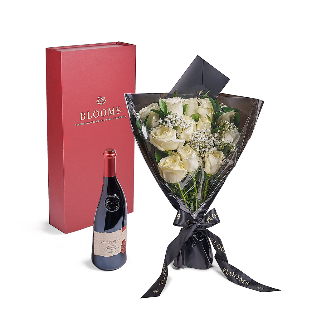 Valentine's Day Dozen White Rose Bouquet With Box &amp; Wine from New York Blooms - Flower &amp; Wine Gift Set - New York Delivery.
