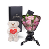 Valentines Day 12 Stem Pink Rose Bouquet With Box & Bear from New York Blooms - Flower Gift Set - New York Delivery.